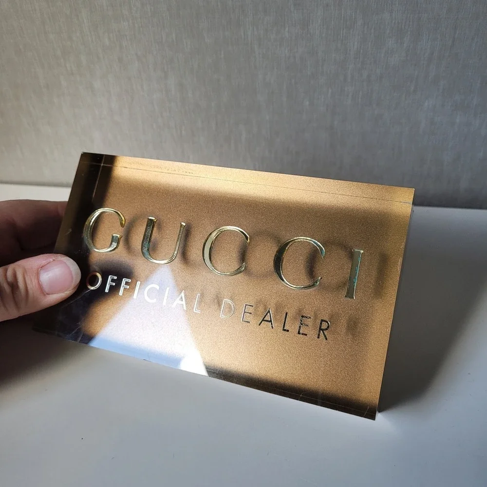 Gucci Official Dealer Lucite Logo Sign Gold Acrylic Display Block Boutique Decor